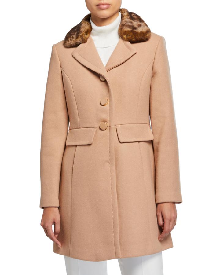 Single-breasted Coat With Leopard Faux-fur Collar