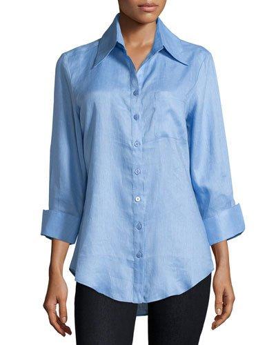 3/4-sleeve Button-front Blouse, Denim