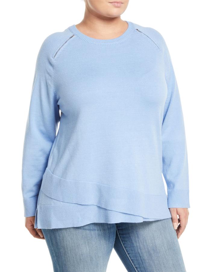 Zipper-shoulder Wrapped-hem Sweater,