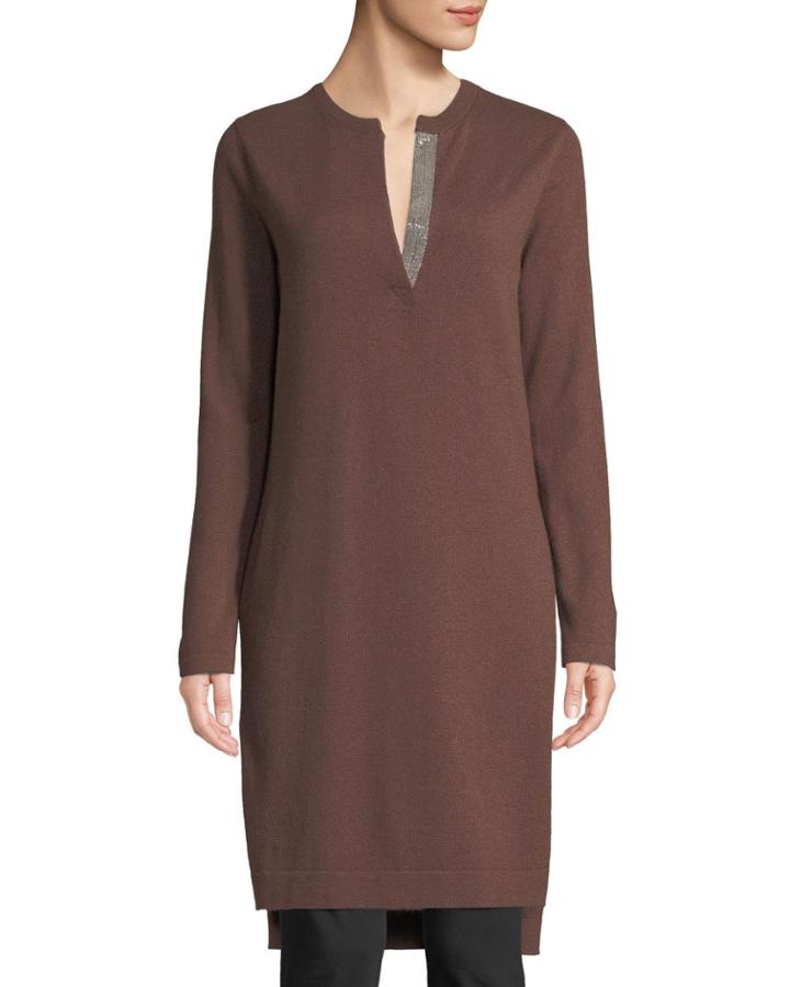 Cashmere Henley Monili-neck Tunic Top