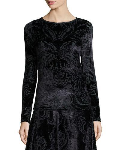 Long-sleeve Crewneck Paisley Velvet Top, Black