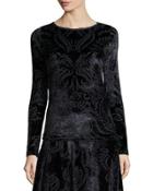 Long-sleeve Crewneck Paisley Velvet Top, Black