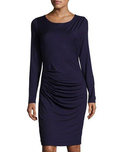 Ruched Sheath Long-sleeve Dress, Navy