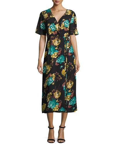 Midi Floral-print Wrap Dress, Black