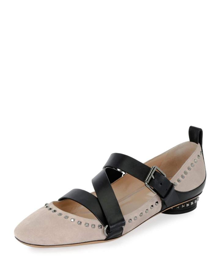 Rockstud Strappy Suede Ballerina Flat, Poudre/nero
