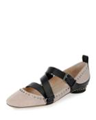 Rockstud Strappy Suede Ballerina Flat, Poudre/nero