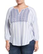 Striped Embroidered-yoke Peasant Blouse,