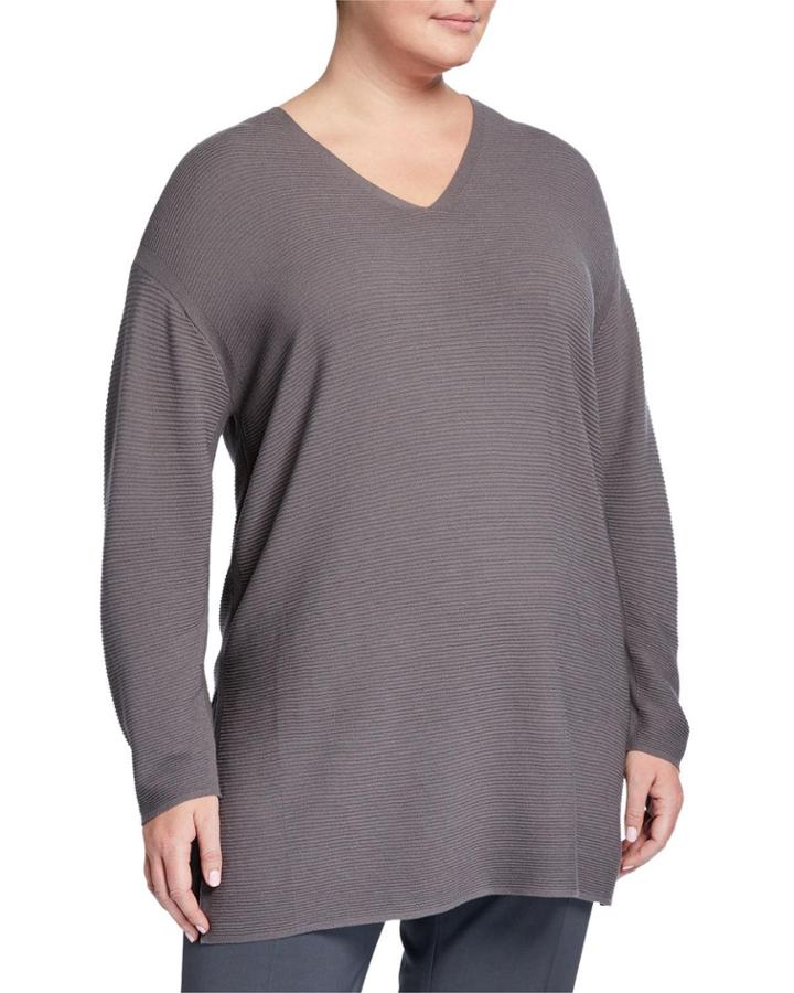 Plus Size High Slit V-neck Ribbed Tunic