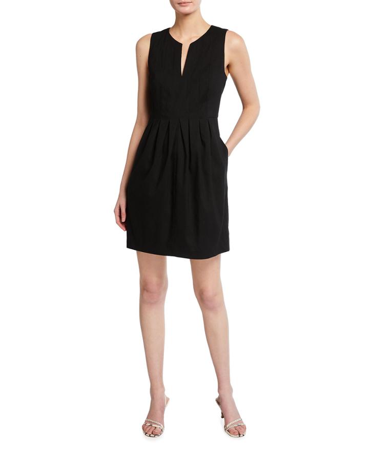 Caftan-neck Pleated Linen-blend Dress