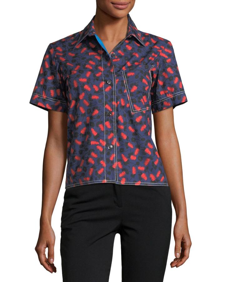 Poppy-print Short-sleeve Blouse