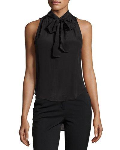 Georgie Sleeveless Silk Tie-neck Top, Black