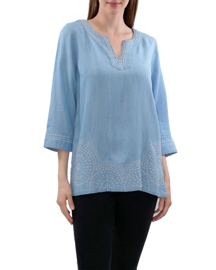 Chambray Tunic Top With Embroidery