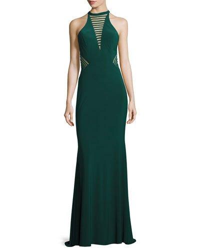 Sleeveless Striped Illusion Stretch Jersey Gown, Hunter