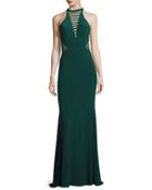 Sleeveless Striped Illusion Stretch Jersey Gown, Hunter