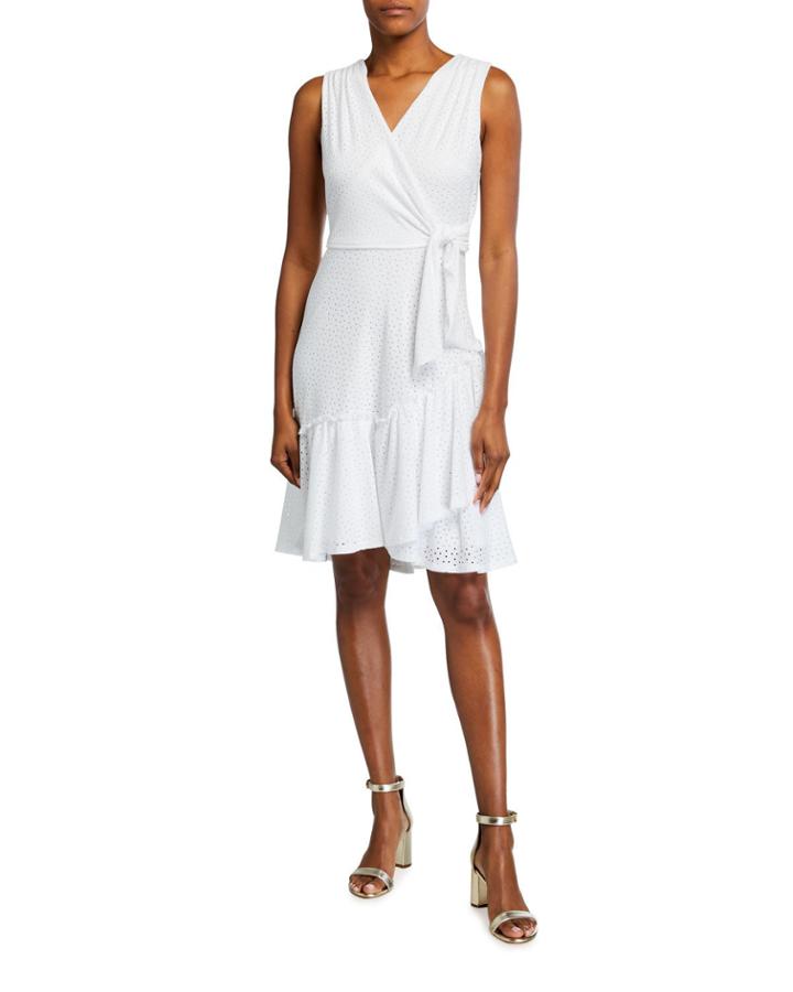Faux-wrap Eyelet Sleeveless Dress