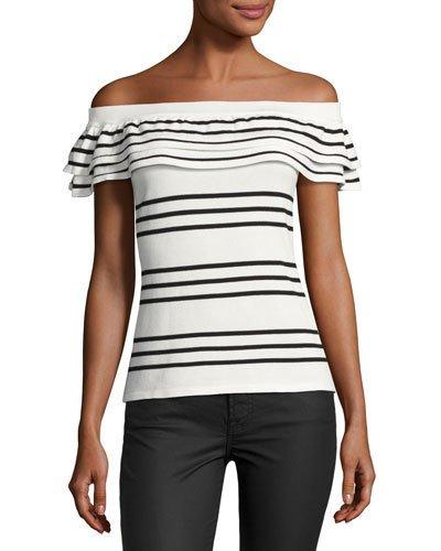 Ruffled Off-the-shoulder Sweater, White/black