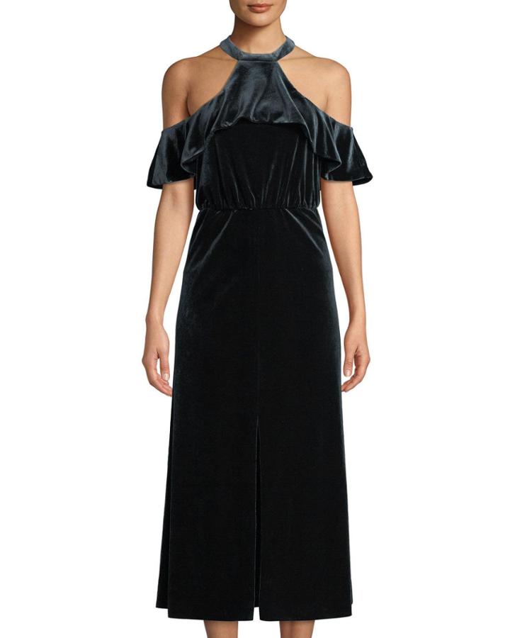 Queen Of The Disco Cold-shoulder Velvet Halter Dress