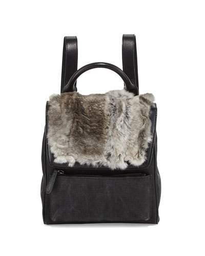 Rabbit Fur Canvas Mini Backpack, Gray