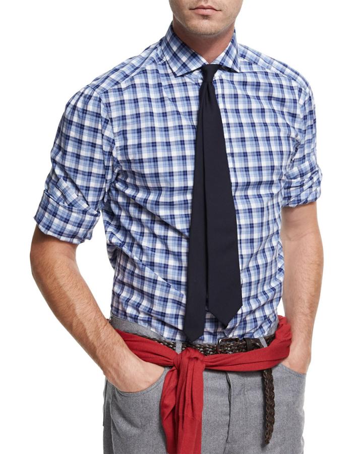Micro-madras Plaid Cotton Shirt, Blue/white