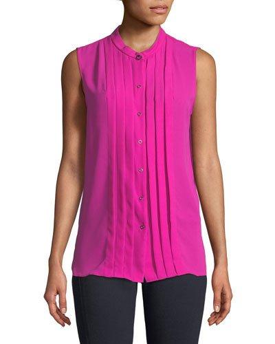 Sleeveless Pleated Button-front Blouse