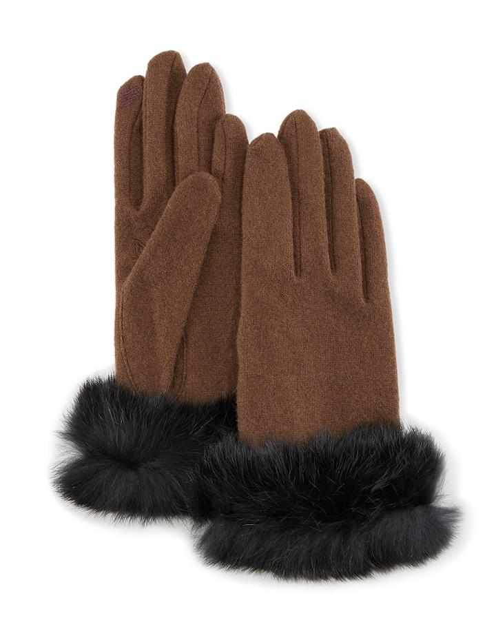 Fur-cuff Knit Tech Gloves, Off Wine/brown