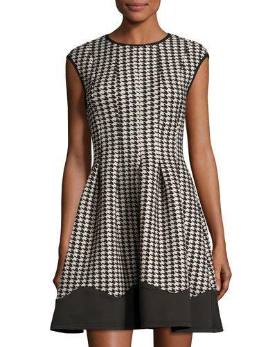 Houndstooth Fit-and-flare Dress, Black/tan