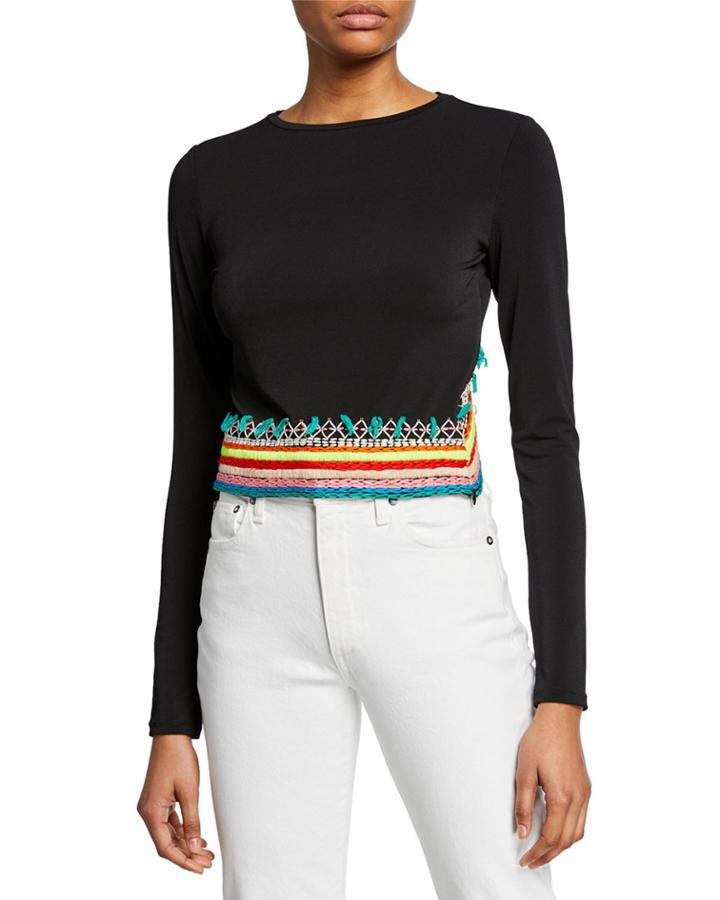 Delaina Embroidered Long-sleeve Crop Top