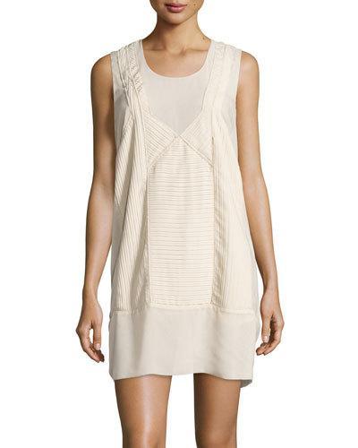 Pleated Sleeveless Shift Dress, Beige