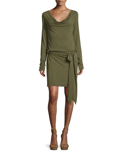 Cowl-neck Open-back Jersey Mini Dress, Olive