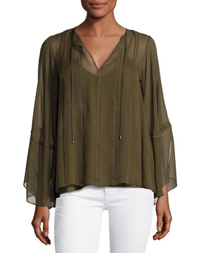 Floral Tie-neck Kimono-sleeve Blouse, Olive