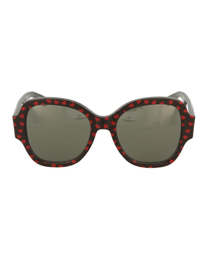 Oversized Round Glittery Heart Acetate Sunglasses, Black