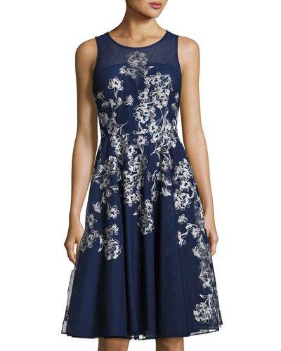 Embroidered-tulle Sleeveless Cocktail Dress, Navy