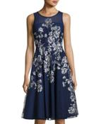 Embroidered-tulle Sleeveless Cocktail Dress, Navy