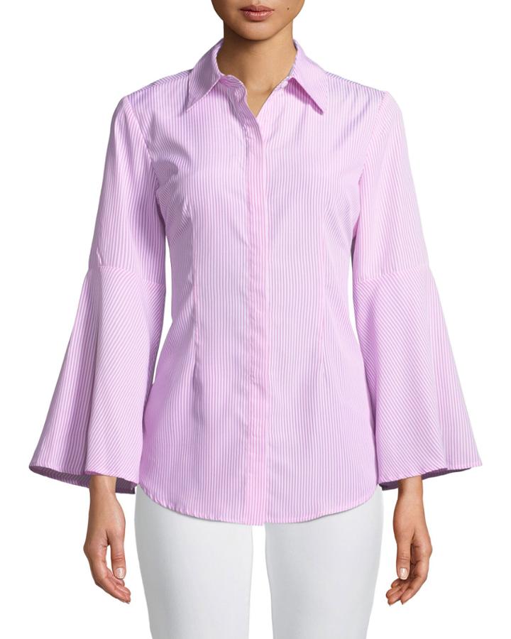 Striped Bell-sleeve Button Front Blouse