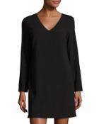 Long-sleeve V-neck Shift Dress, Rich Black