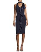 Sleeveless Stretch Silk Ruffle-trim Cocktail Dress, Blueberry
