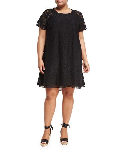 Jewel-neck Cap-sleeve Lace A-line Dress,