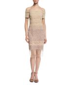 Short-sleeve Signature Ombre Sequin Dress, Champagne/cognac