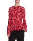 Pleated Long-sleeve Printed Blouse