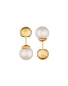 8mm White Pearl & Bead Front-back Stud Earrings, Golden/white
