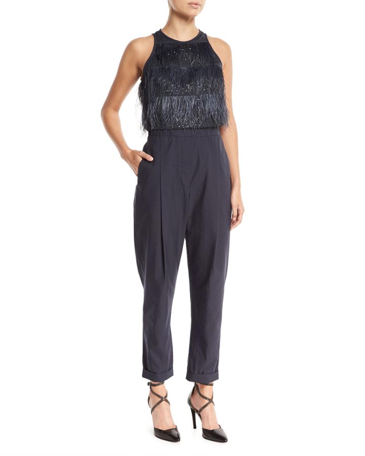 Feather Tiered Top Crinkled Cotton Jumpsuit