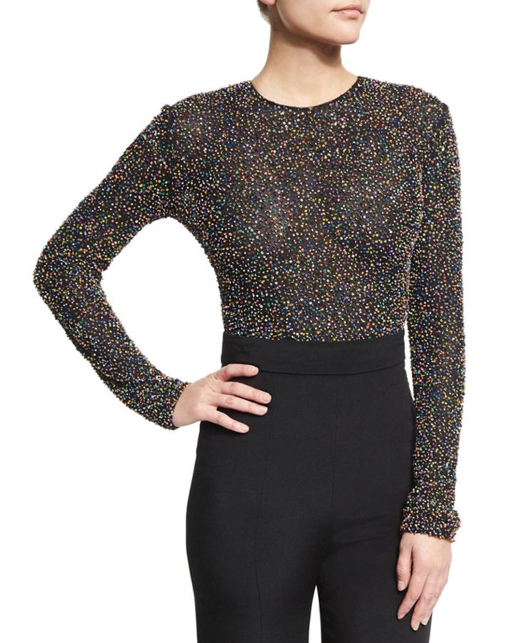 Beaded Mesh Long-sleeve Thong Bodysuit, Black/multicolor