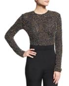 Beaded Mesh Long-sleeve Thong Bodysuit, Black/multicolor