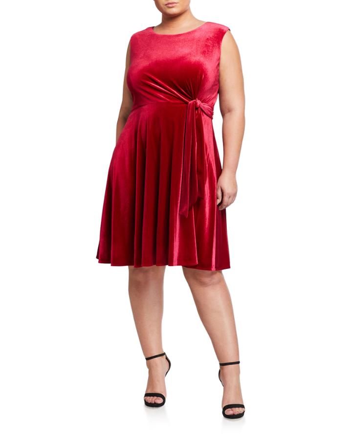 Plus Size Side-tie Stretch Velvet Fit & Flare Dress