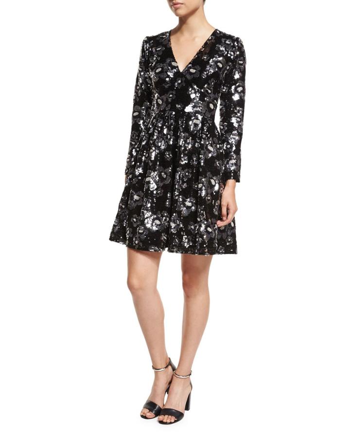 Long-sleeve V-neck Floral-sequin Dress