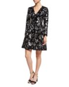 Long-sleeve V-neck Floral-sequin Dress