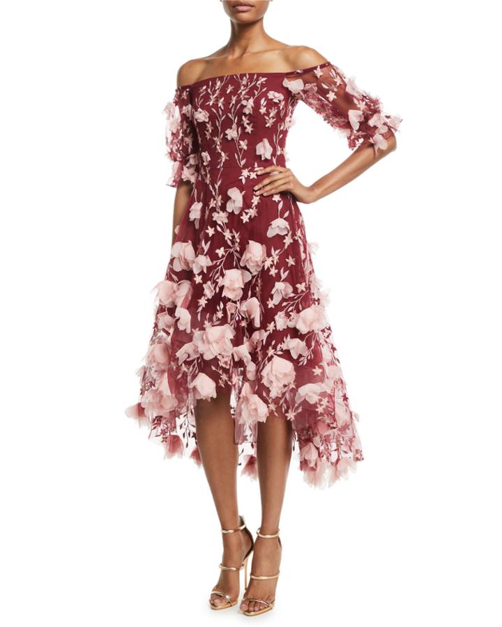 Off-the-shoulder 3d-floral High-low Cocktail Dress