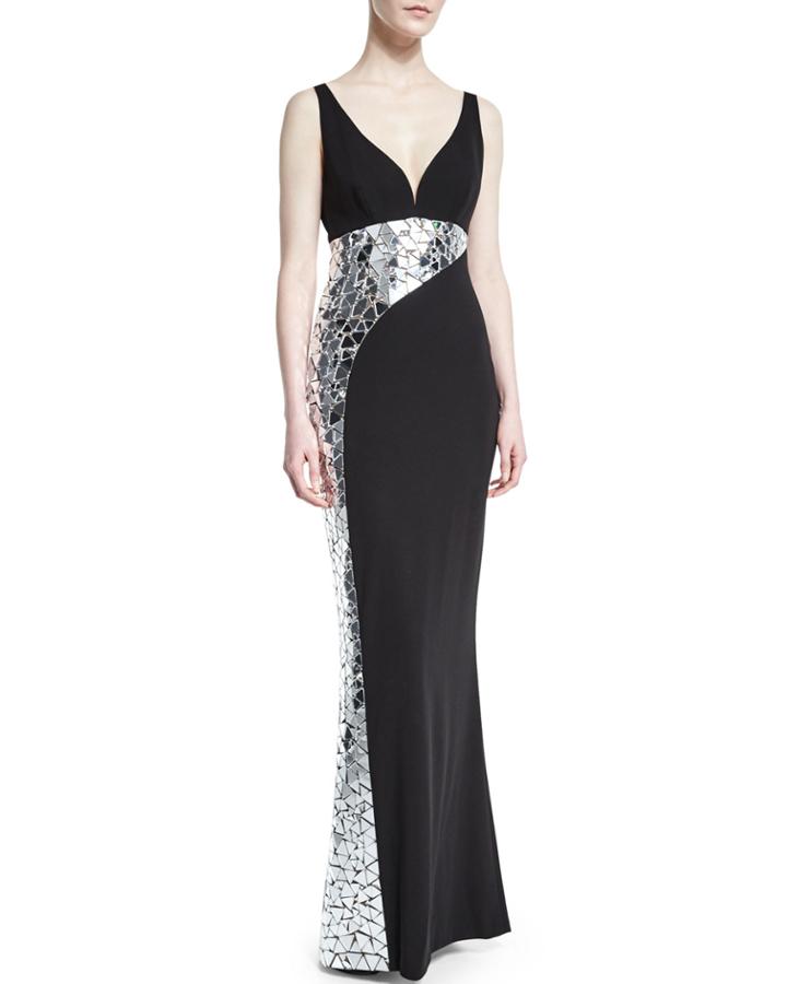 Sleeveless Crackled-mirror Crepe Gown, Black
