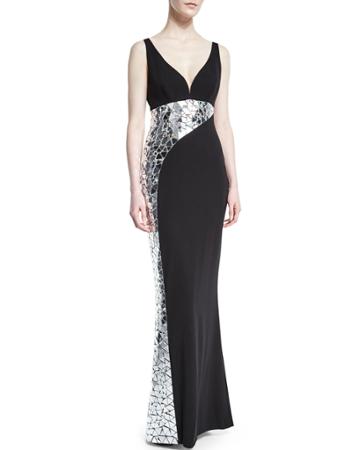 Sleeveless Crackled-mirror Crepe Gown, Black