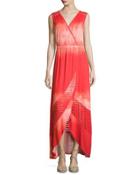 Sleeveless Faux-wrap Maxi Dress, Red Coral